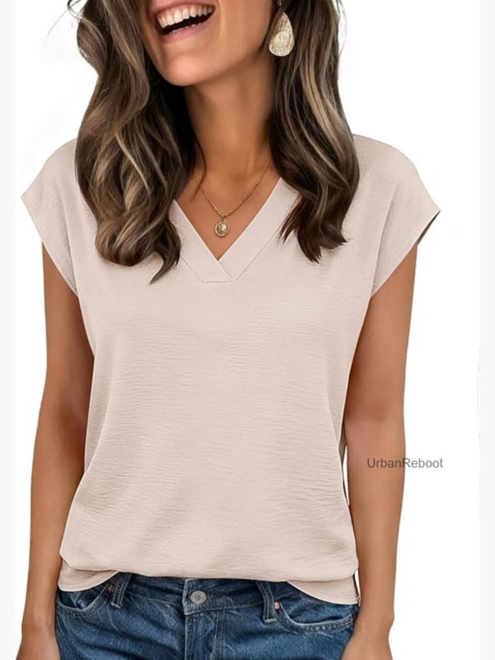 Women's Cap Sleeve Textured Blouse V Neck Business Casual Summer Top